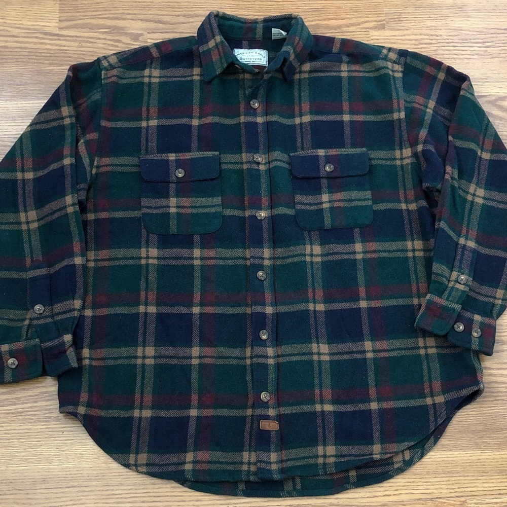 American Eagle Outfitters Green & Navy Plaid Flannel Shirt wool blend large